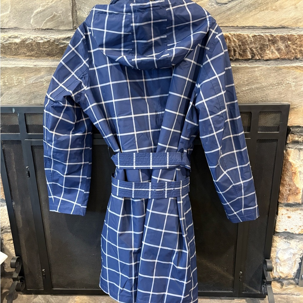 Lands' End Navy Checkered  Belted Rain Coat with Detachable Lining and Hood - Picture 2 of 6